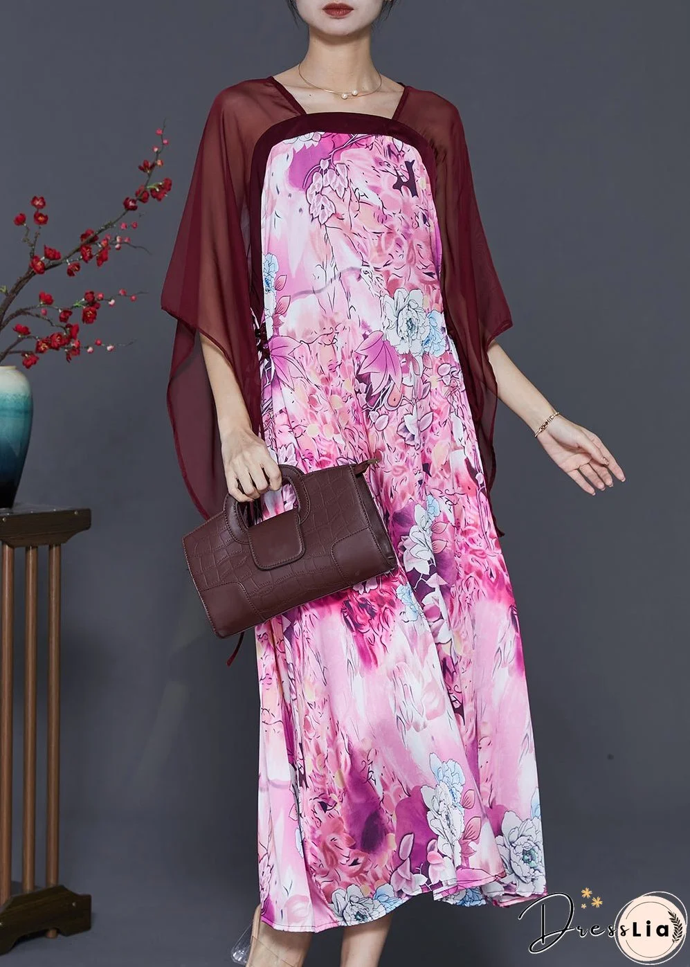 Modern Purple Square Collar Patchwork Print Chiffon Dresses Summer