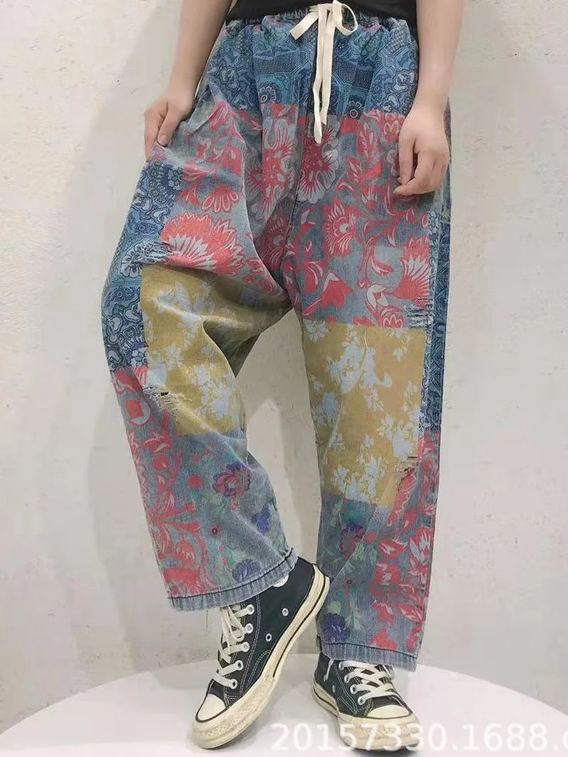 Women's Floral Printed Casual Wide Leg Ripped Denim Cropped Pants