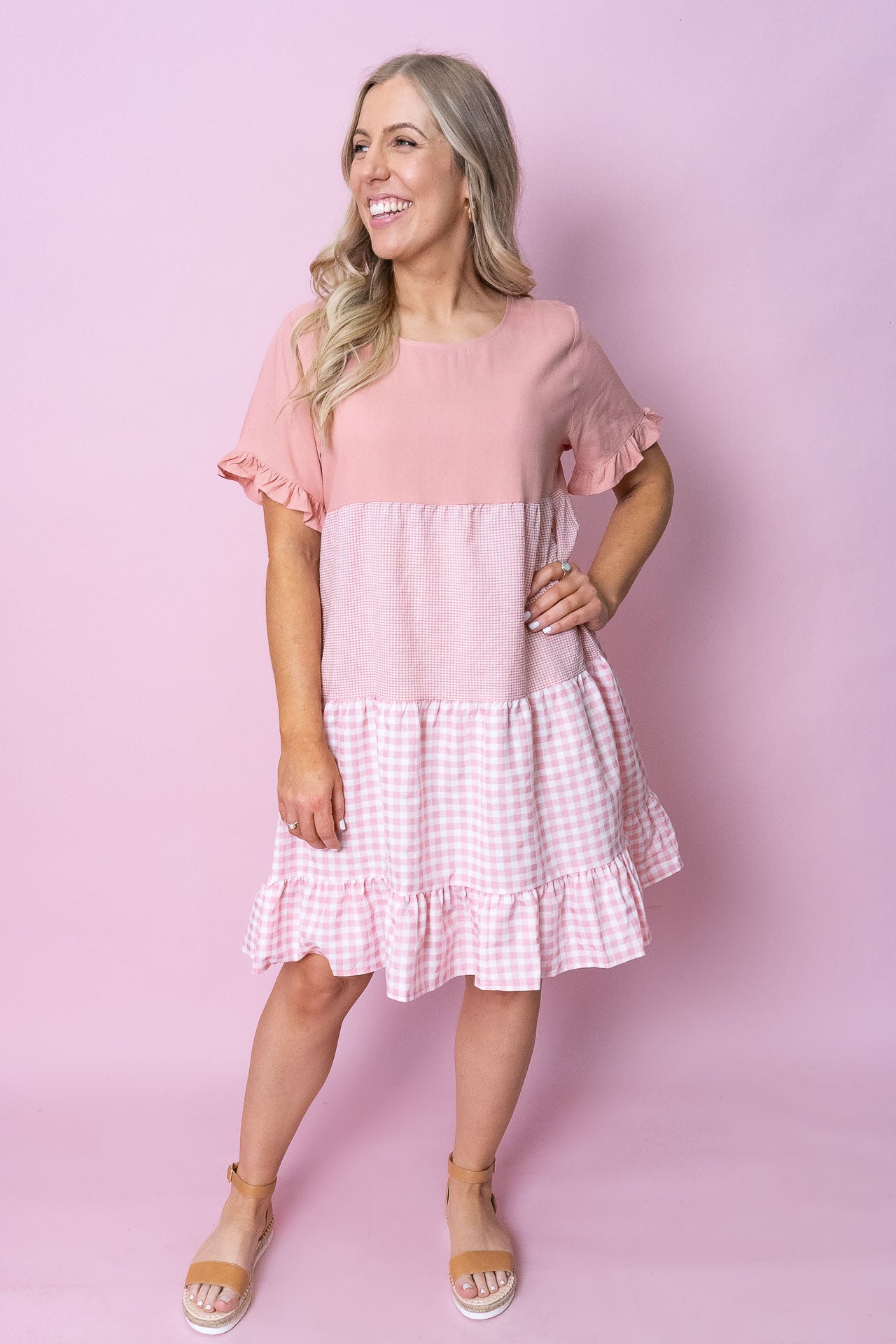 Monica Gingham Dress in Blush