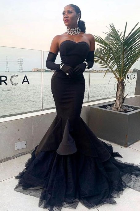 Charming Black Mermaid Sweetheart Prom Dress Lace With Gloves | Ballbellas Ballbellas