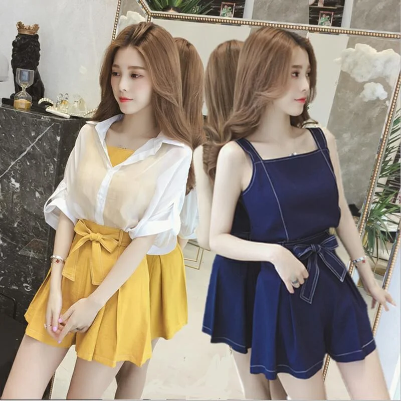 Fashion Wide Leg Shorts Camisole And Chiffon Coat Women Sets Casual Female Sets