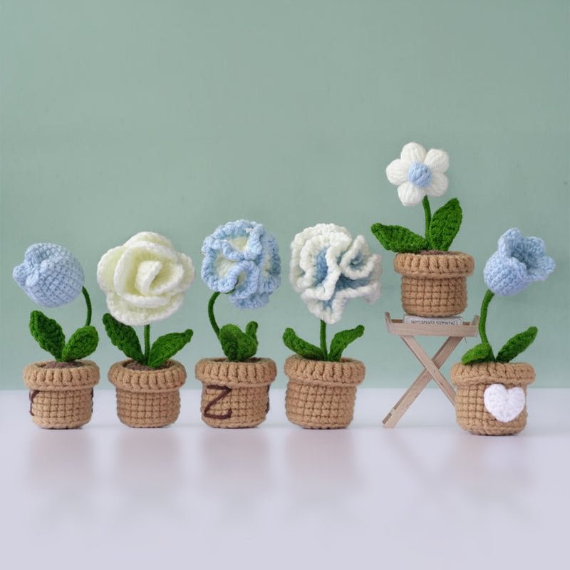Cuteeeshop Crochet Kits Blue Flowers and Potted Plants Beginners Crochet Kit with Easy Peasy Yarn-6pcs