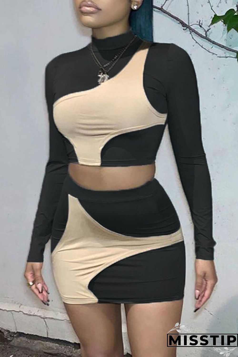 Black Casual Street Solid Patchwork Contrast Half A Turtleneck Long Sleeve Two Pieces