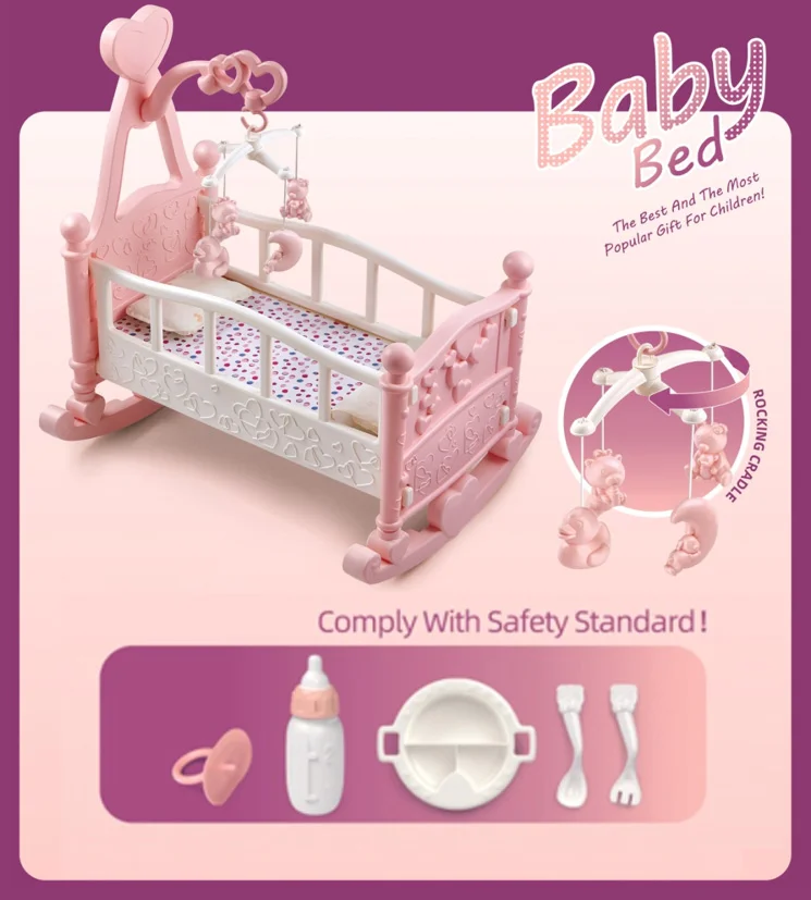 17"-22" Baby Pink Sleeping Bed with Calming Bell Doll Bed Accessories