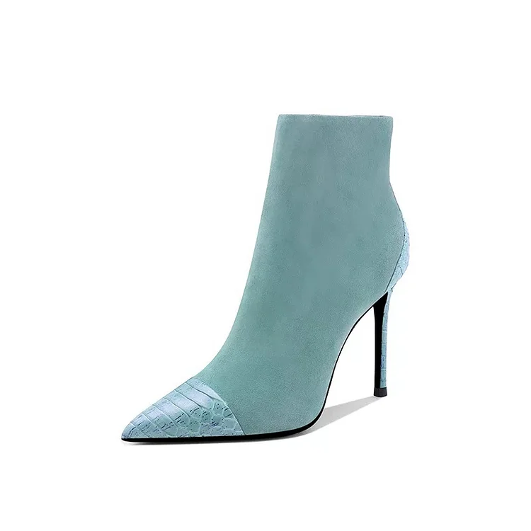 Turquoise Vegan Suede Boots Stiletto Heel Pointy Toe Ankle Boots |FSJ Shoes