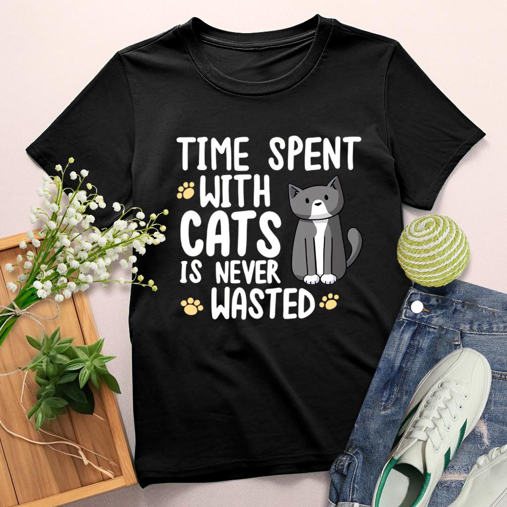 Time spent with cats is never wasted Round Neck T-shirt-0025220-Guru-buzz