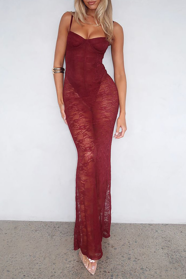 Floral Lace See Through Hem Strappy Maxi Dresses-Burgundy [Pre Order]