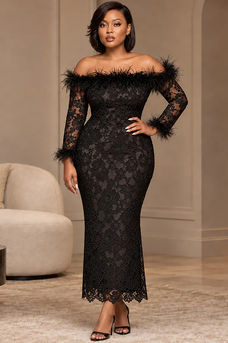 Xpluswear Design Plus Size Formal Black Off The Shoulder Long Sleeve Feather Split Lace Maxi Dresses [Pre-Order] 2024 - Xpluswear