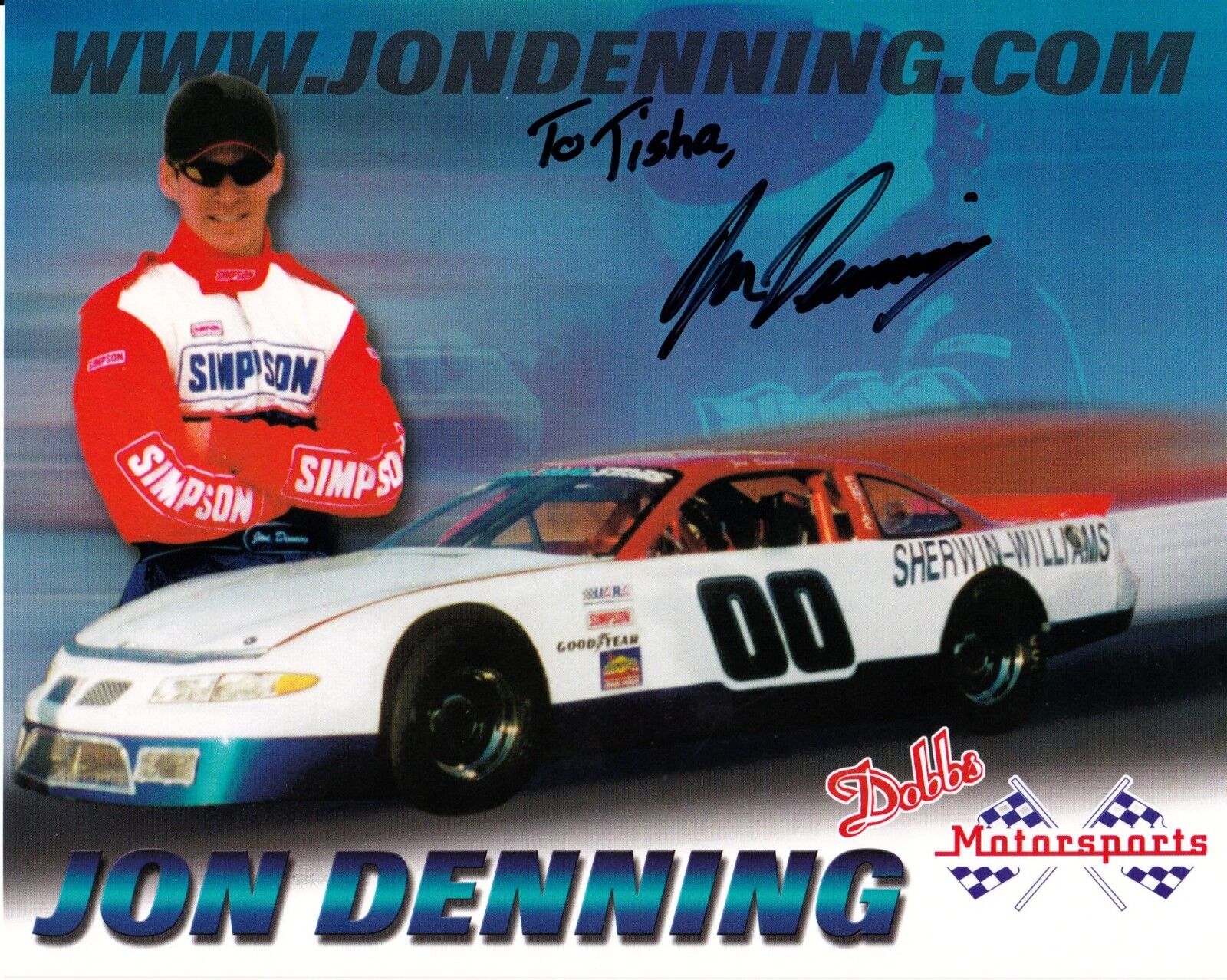 JON DENNING hand-signed 2002 DOBBS MOTORSPORTS RACING color 8x10 w/ uacc rd COA