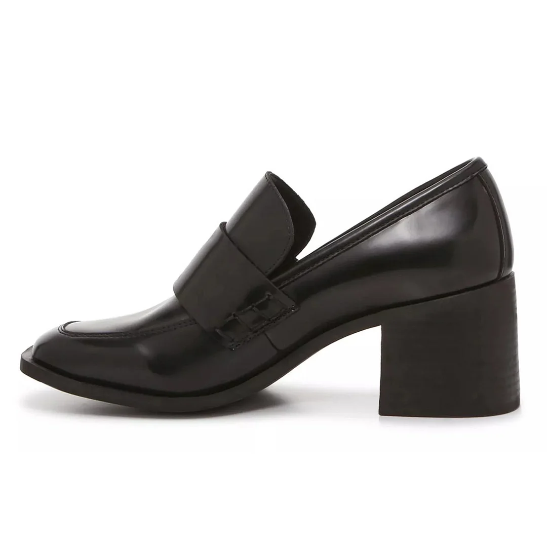 Classic Black Square Toe Office Shoes Block Heeled Loafers Women