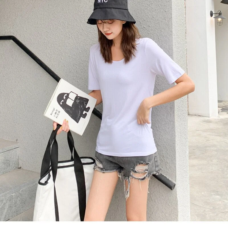 Hirsionsan Modal T Shirt Women Summer Candy Color O Neck Basic Tshirts 9 Colors Tees for Ladies Ins Comfortable Female Tops