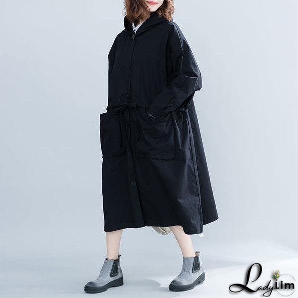 Black Casual Trench For Women Bandage Coats Hooded Button Pockets Loose Women Cloths