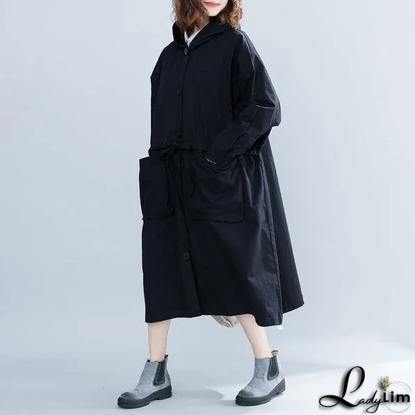 Black Casual Trench For Women Bandage Coats Hooded Button Pockets Loose Women Cloths