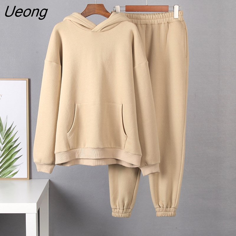 Ueong Cotton Fleece Hoodies Sets Women Autumn Winter Sport Casual Sweatshirts and Pants Two Piece Thicken Warm Hooded Tracksuit
