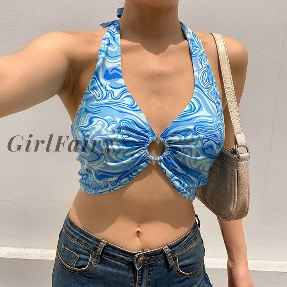 Girlfairy Paisley Halter Neck Crop Top Beach Tanks Camisoles For Women Summer Cyber Y2K Wear Blue