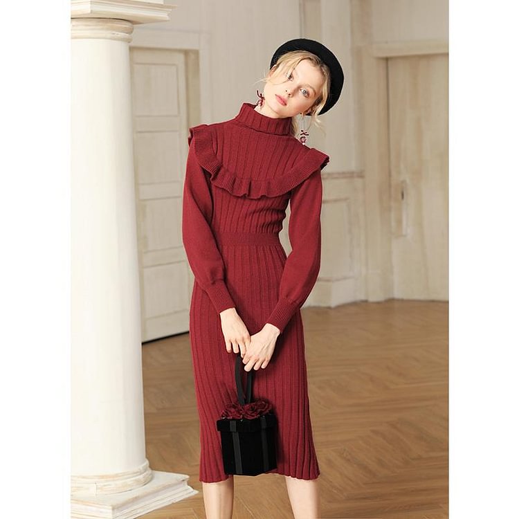 Fairy Tales Aesthetic Knitted Ruffled Slim Fit Dress QueenFunky