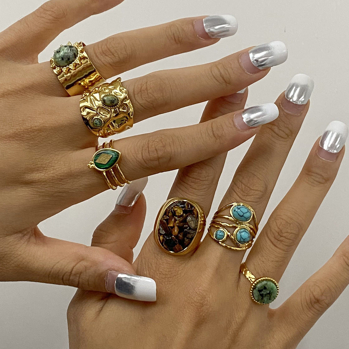 Jie Ding Stainless Steel Natural Stone Turquoise Ring Niche Ring Titanium Steel Bracelet Ring