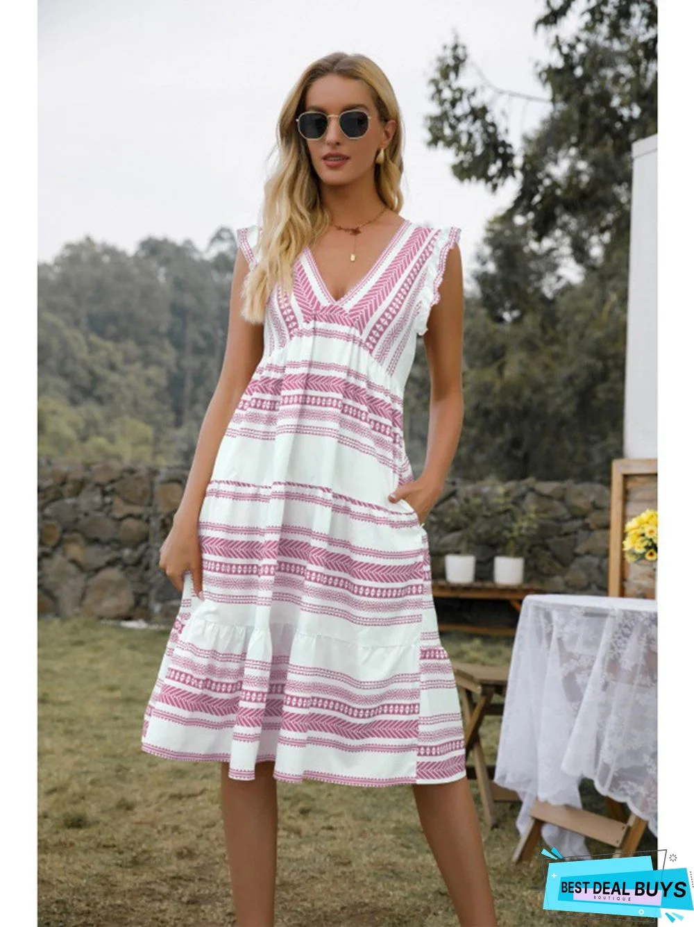 Bohemian V-Neck Pocket Striped Dress