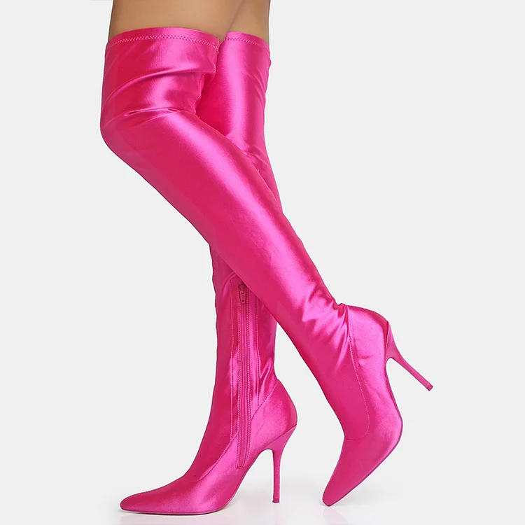 Hot Pink Zipper Up Shoes Elegant Pointy Toe Stiletto Heel Thigh High Satin Boots |FSJ Shoes