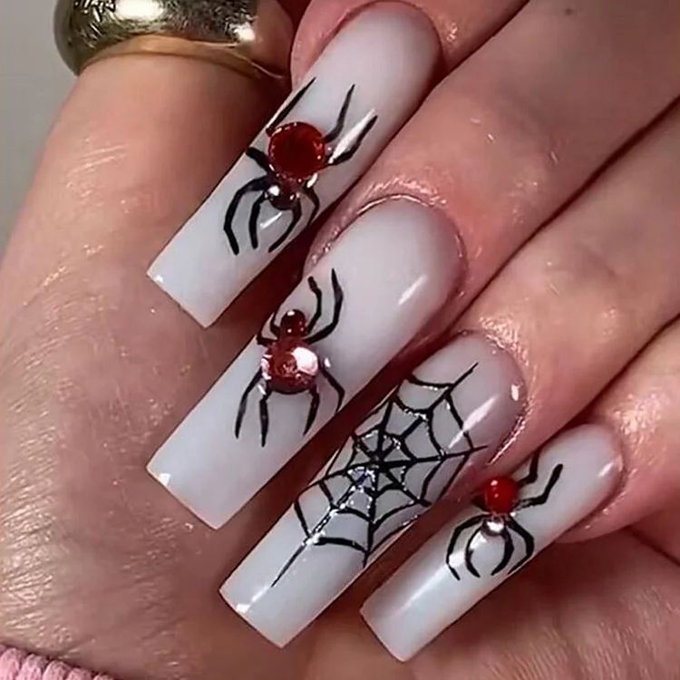 Halloween White Stereo Spider Rhinestone Square False Nails