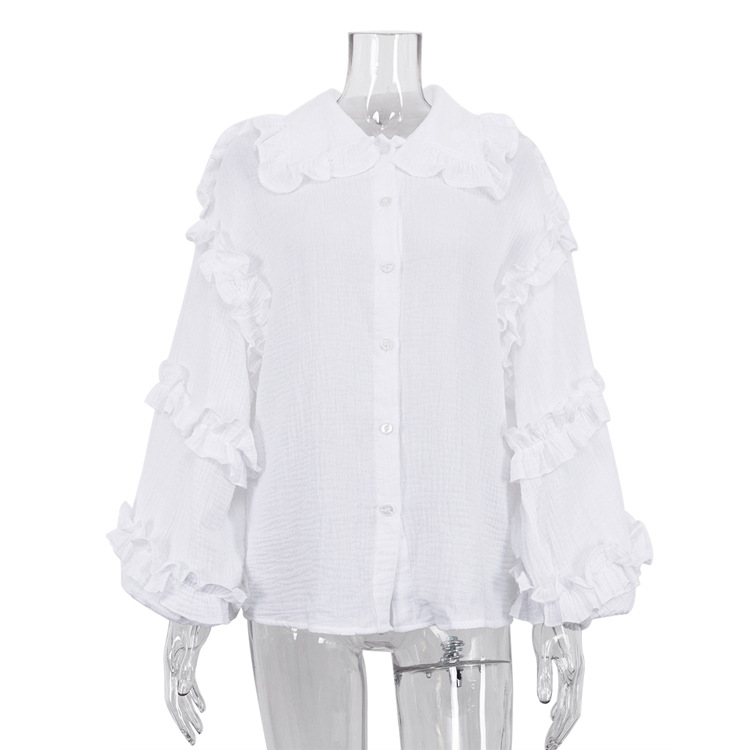 Ootddress White Ruffled Casual Shirts For Women Fashion Patchwork Cardigan Lapel Long Sleeve Outwear Slim Ladies Shirts 2025 New