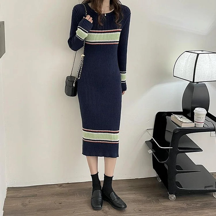Fashion Casual Striped Skinny Fitted Waist Full Sleeve Sweater Dress