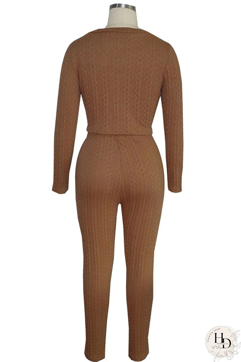 Coffee Elastic Fly Long Sleeve Mid Solid pencil Pants Two-piece suit