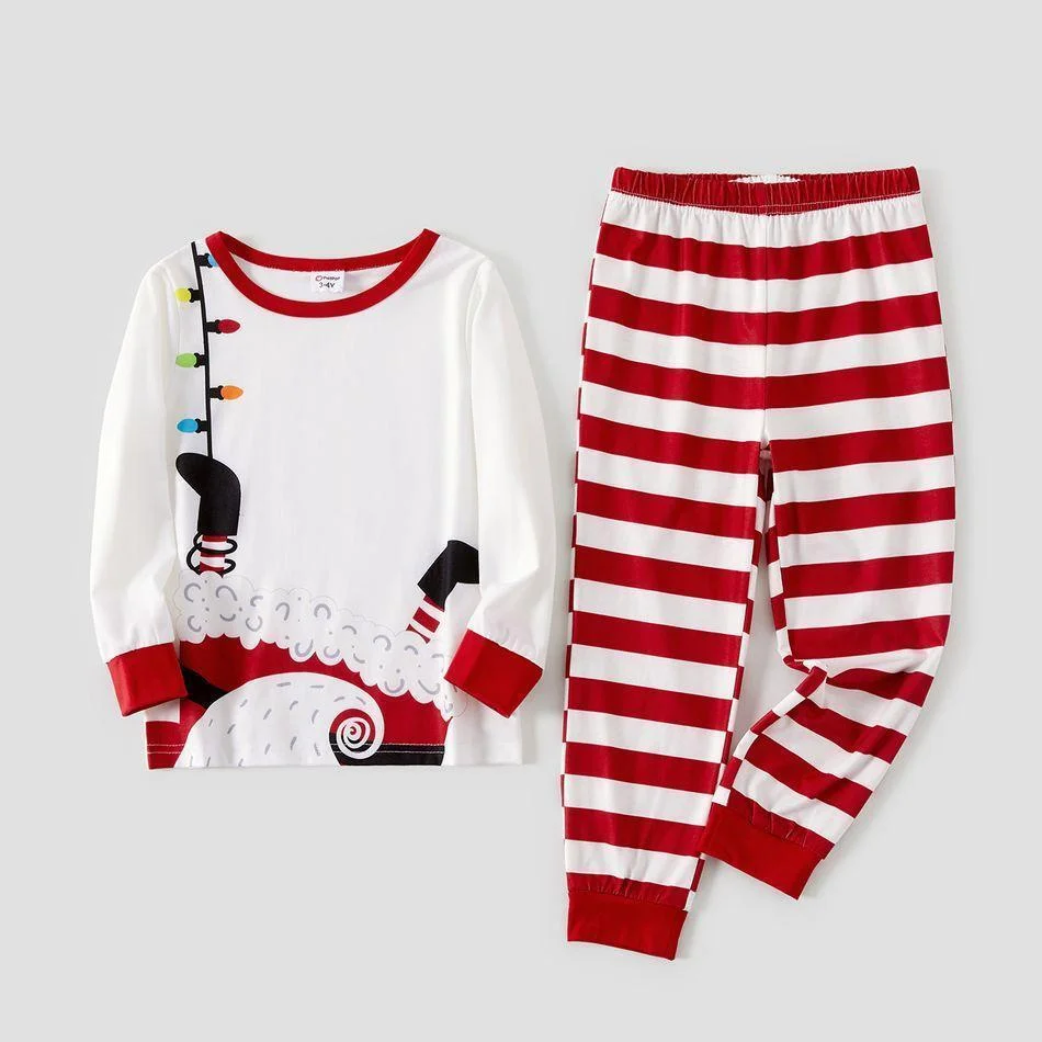 Christmas White and Red Stripe Print Family Matching Pajamas Sets(Flame Resistant)