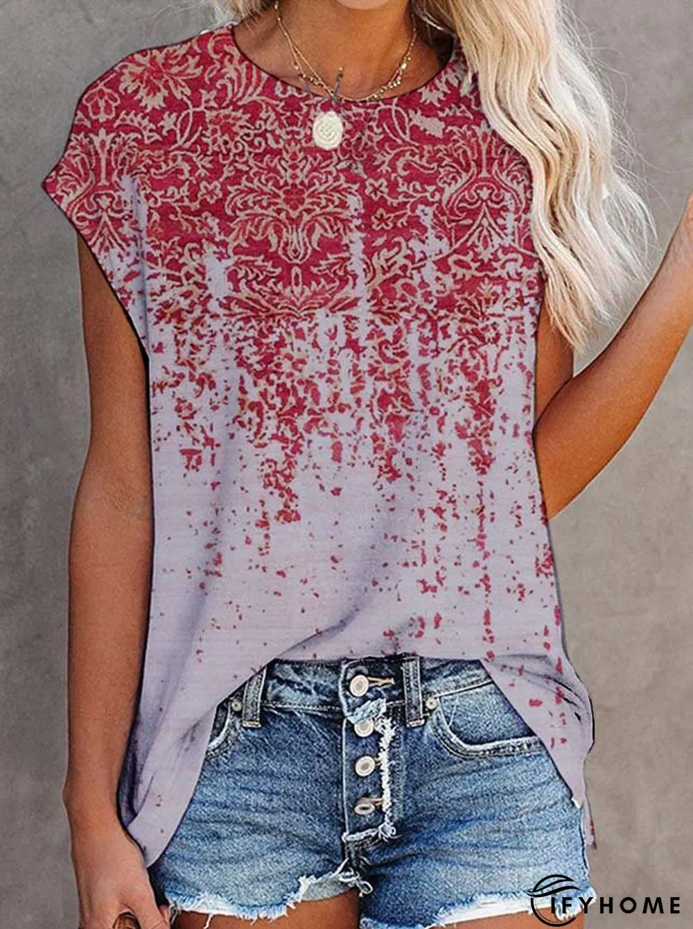 Paisley  Short Sleeve  Printed  Cotton-blend  Crew Neck  Vintage  Summer  Gray Top | IFYHOME