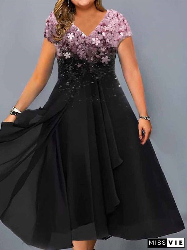 Women's Plus Size A Line Dress Floral V Neck Print Short Sleeve Spring Summer Elegant Midi Dress Daily Vacation Dress