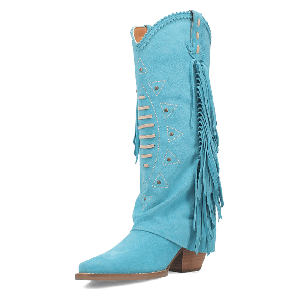 Blue Snip Toe Studded Mid-Calf Fold-Over Cowgirl Boots with Fringe