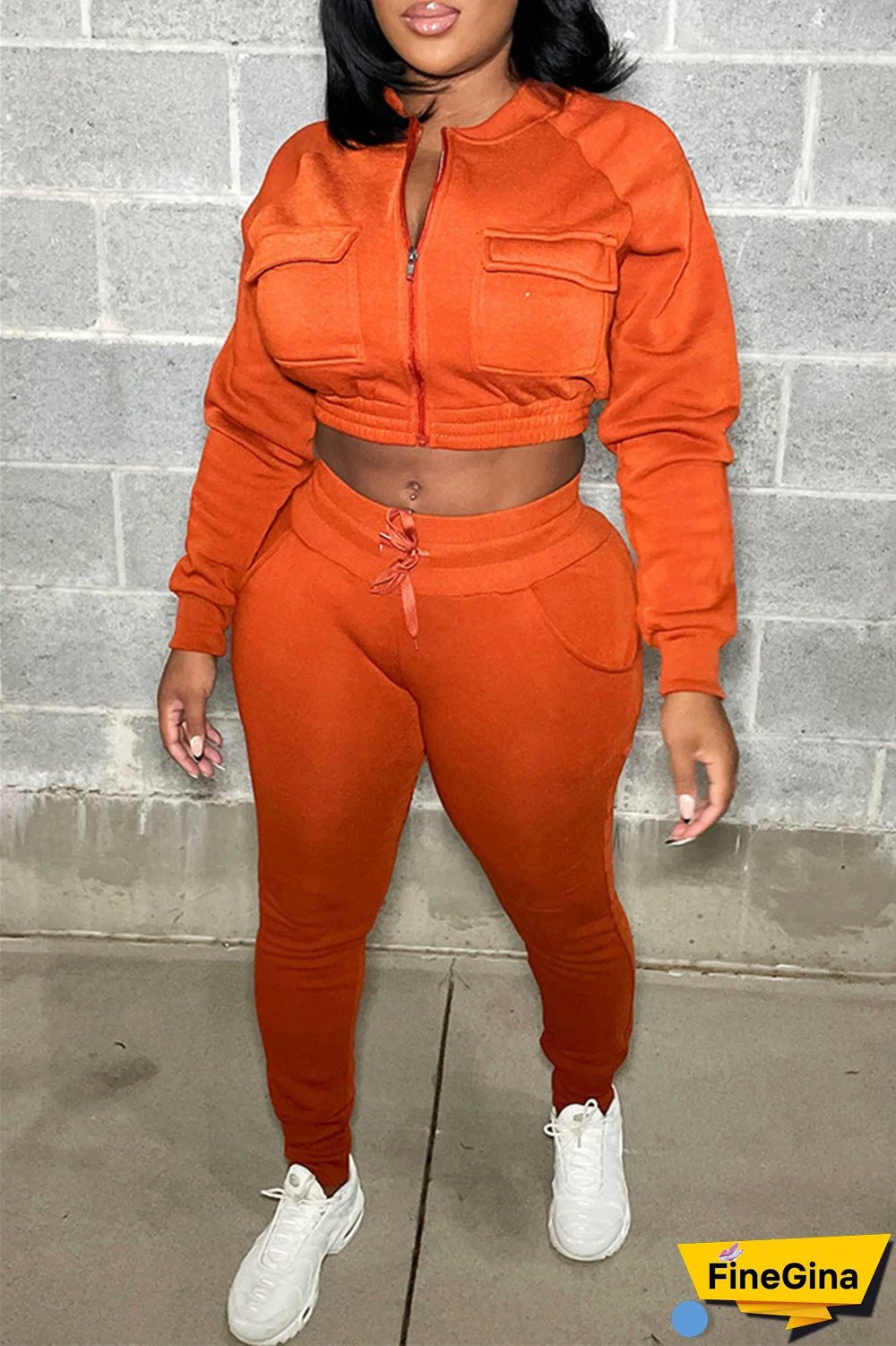 Orange Casual Solid Patchwork Zipper Collar Long Sleeve Two Pieces
