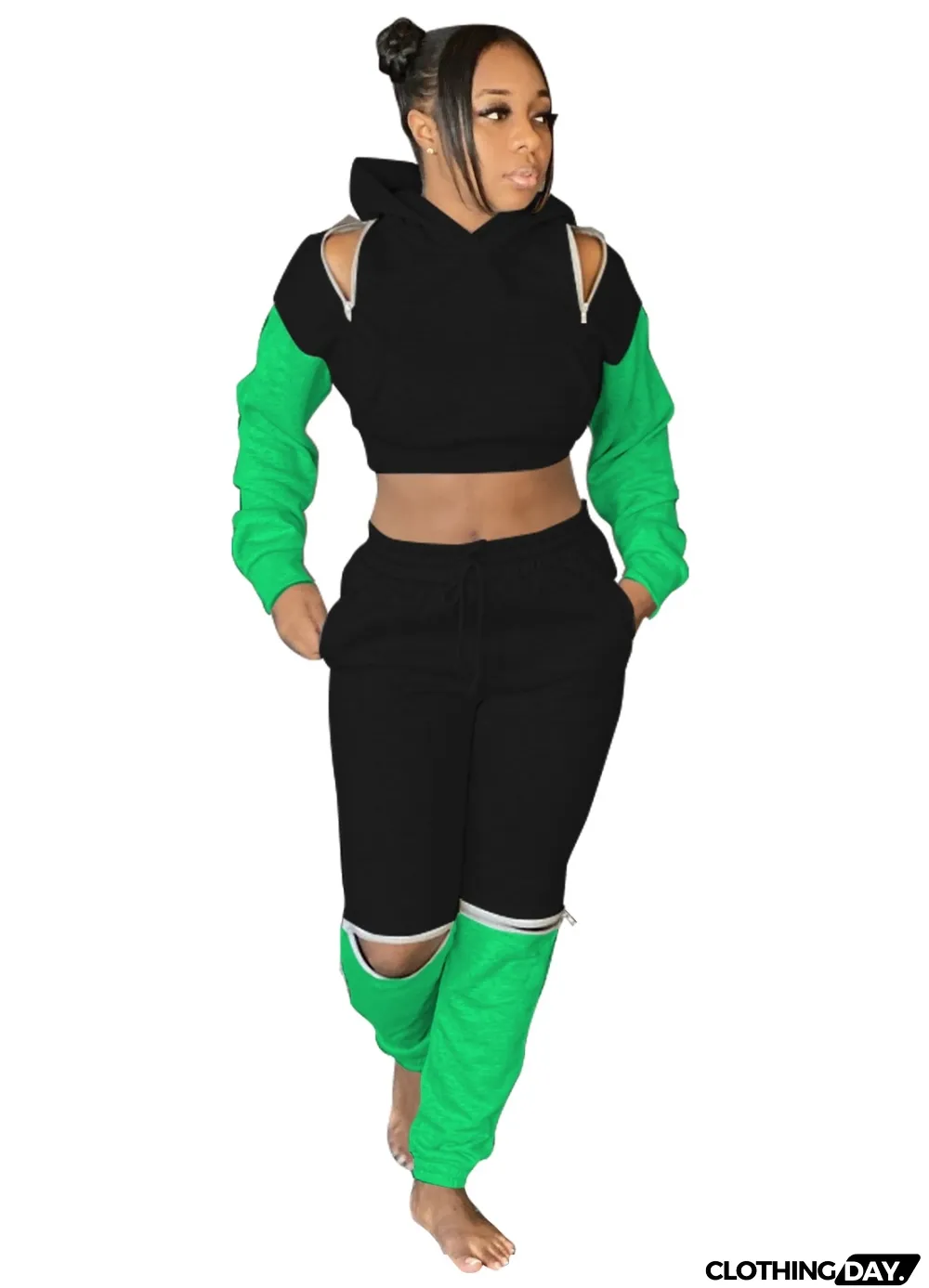 Contrast Color Long Sleeve Zipped Hoodie Tracksuit