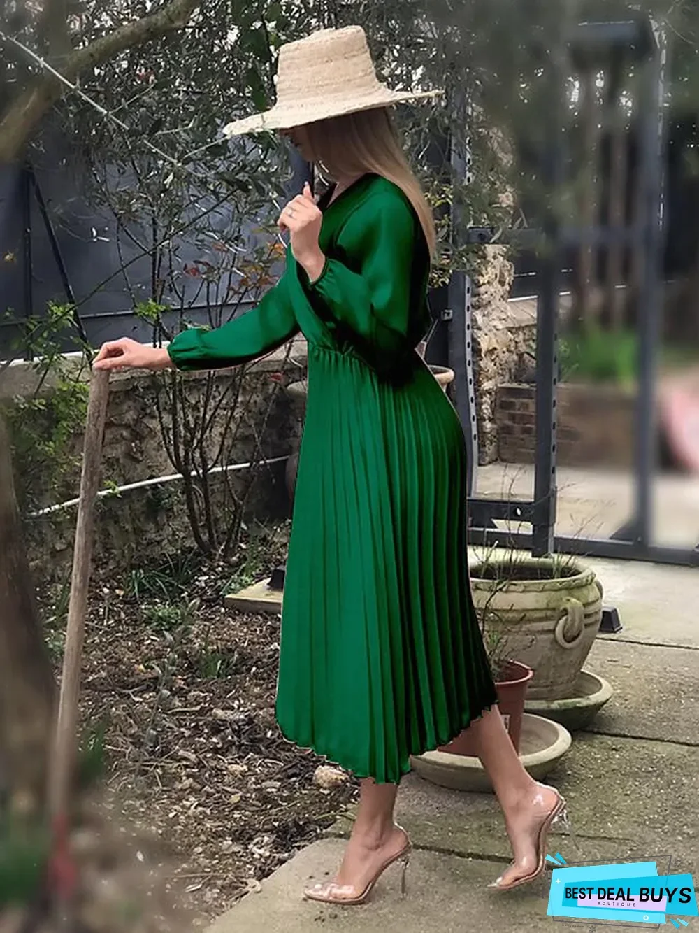 Women's A Line Dress Knee Length Dress Green Long Sleeve Solid Color Ruched Summer V Neck Hot Sexy