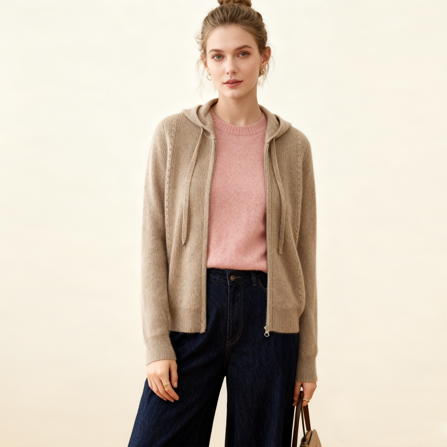 Cashmere Hooded Cardigan Women's Long-sleeves Loose REAL SILK LIFE