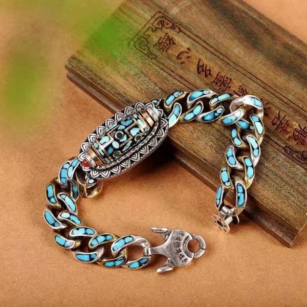 Sterling Silver Turquoise Inlaid Nine-eyed Dzi Curb Chain Bracelet