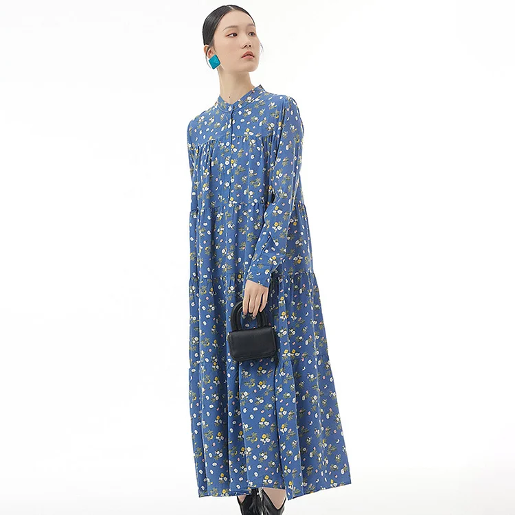 Temperament Loose Half Stand Collar Small Flower Printed Folds Long Sleeve Dress       