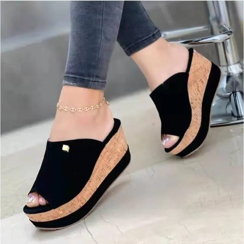 Qengg New Women's Casual Slippers Vintage Fish Mouth Platform Wedge Sandals Slip-on Fashion Flat Beach Shoes Chaussure Ete Femme