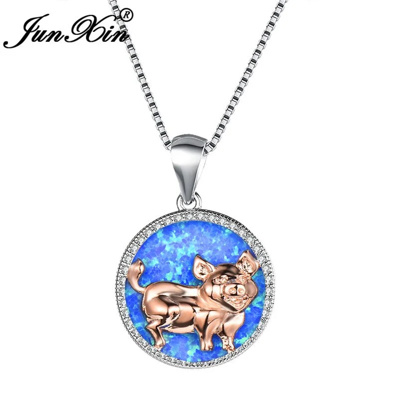 Unique Female Rose Gold Pig Pendants Necklaces Fashion Silver Color Blue Fire Opal Necklaces For Women