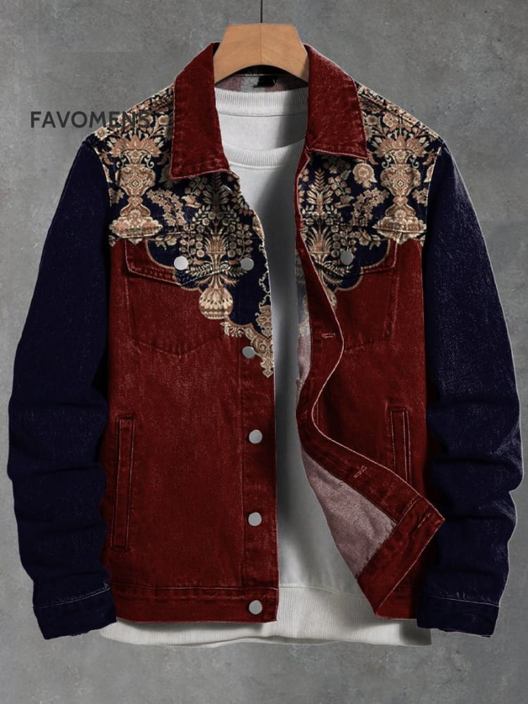 Vintage Flower Vase Pattern Casual Denim Jacket Multicolor / S
