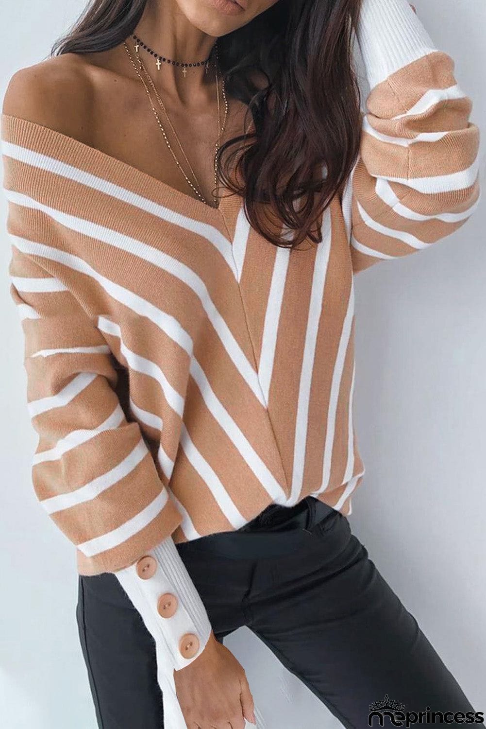 Khaki V Neck Popper Cuff Striped Casual Sweater