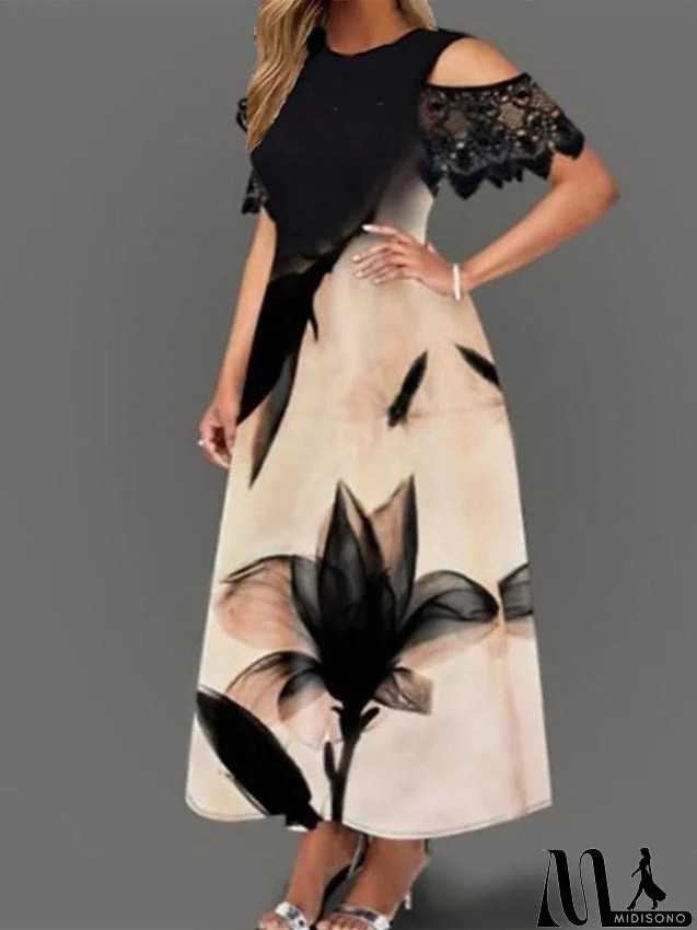 Work Dress Lace Dress Semi Formal Dress Fashion Midi Dress Lace Pocket Crew Neck Short Sleeve Floral Regular Fit Black Apricot Summer Spring S M L XL XXL for Women