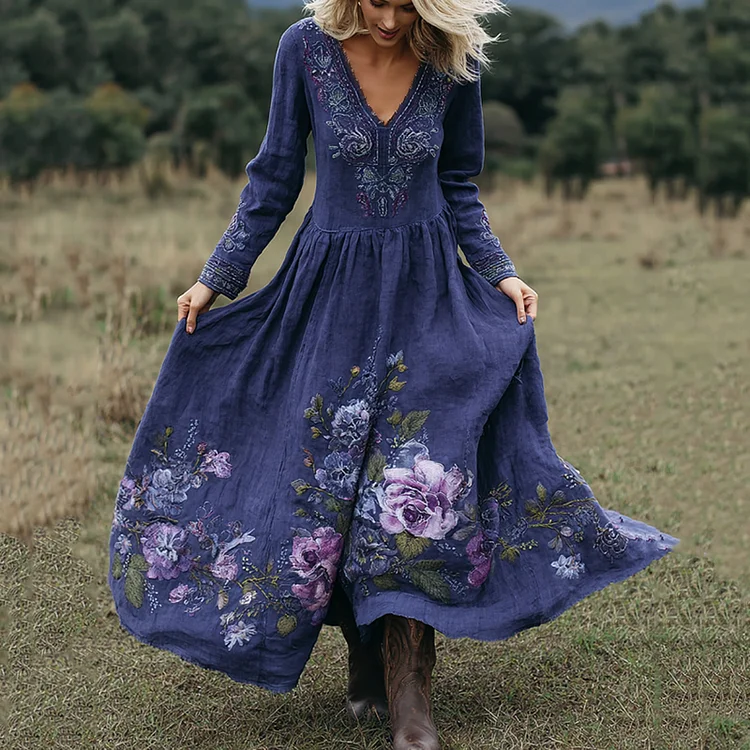 Vintage Classy Purple Floral Embroidered Linen Maxi Dress