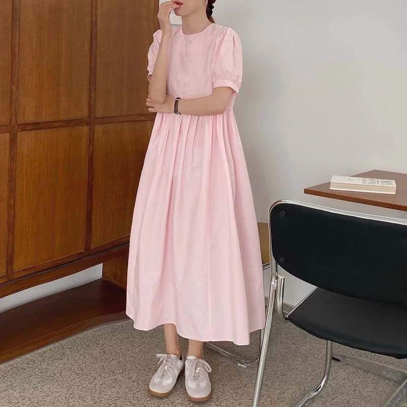 Short Sleeve Dress Women Solid Pink Basic Classic Simple Summer All-match Female Loose Korean Kawaii Sweet Vintage Chic