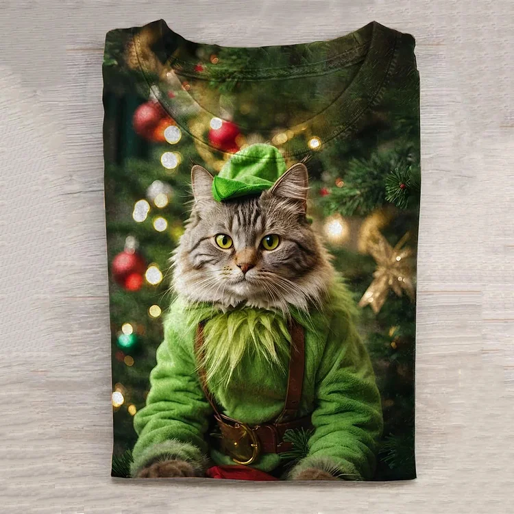 Comstylish Christmas Cat Art Print Casual T-Shirt