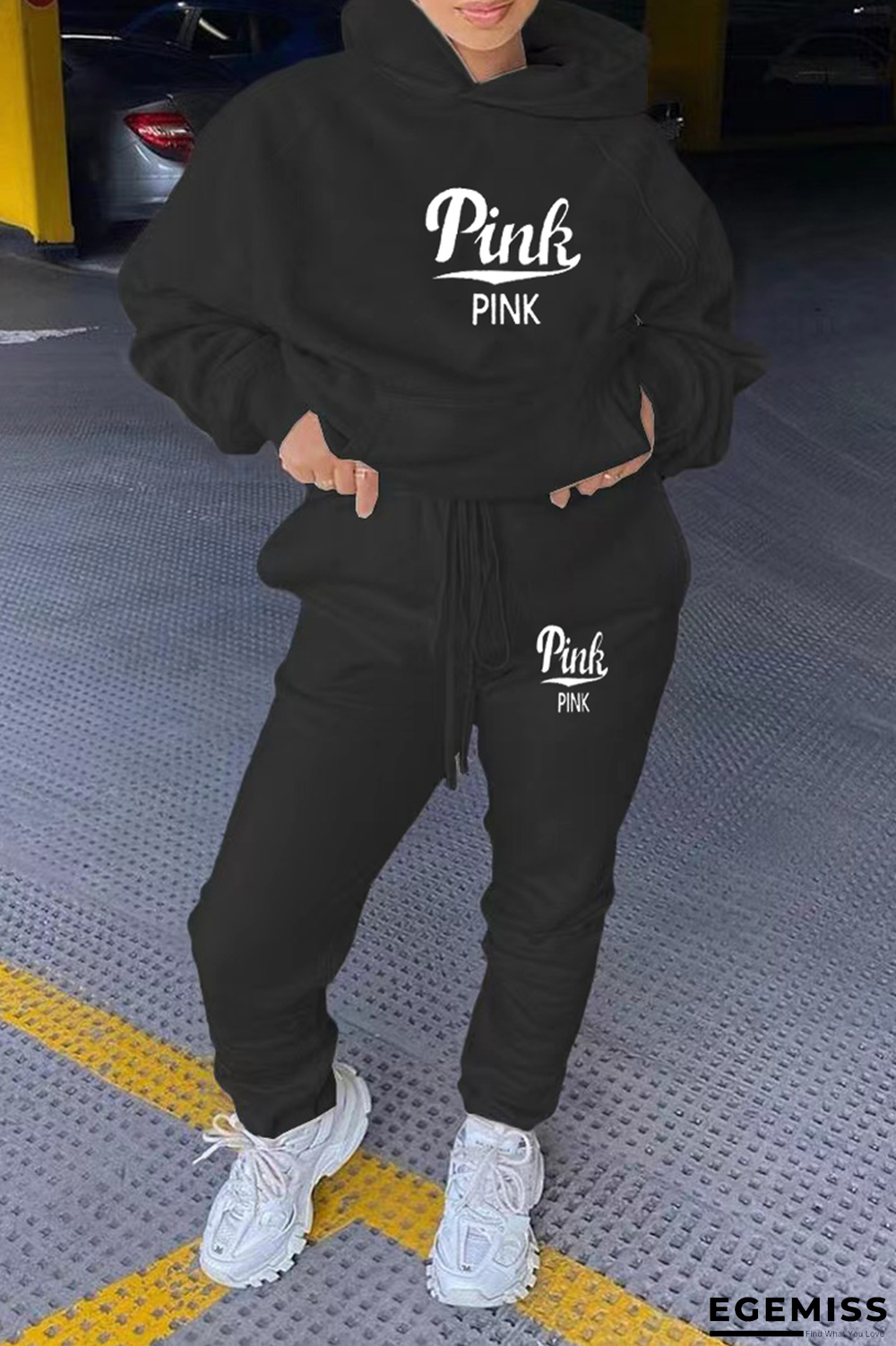 Black Fashion Print Patchwork Hooded Collar Long Sleeve Two Pieces | EGEMISS