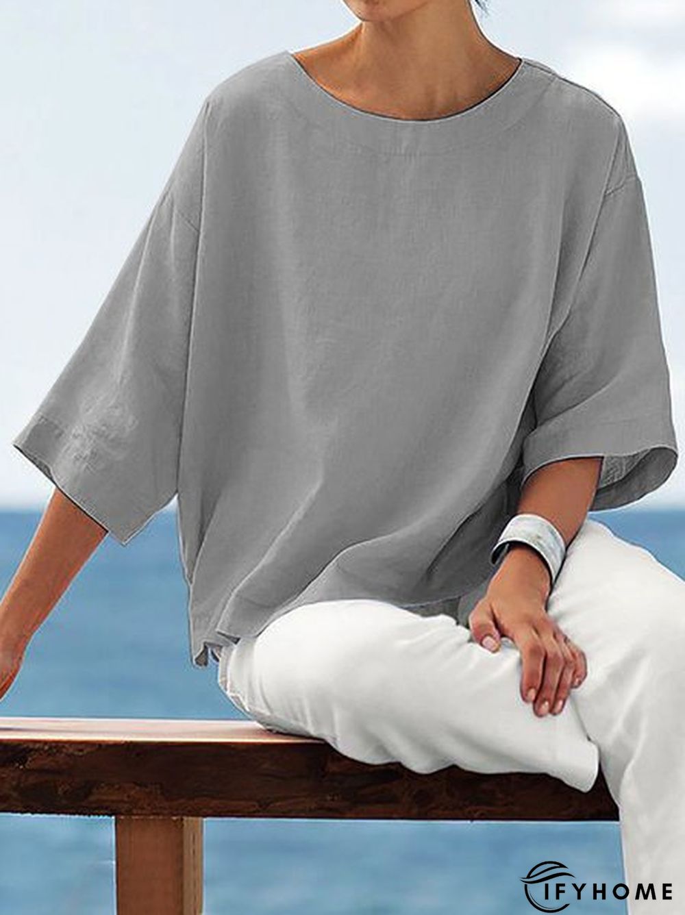 3/4 Sleeve Solid Casual Crew Neck T-Shirt | IFYHOME