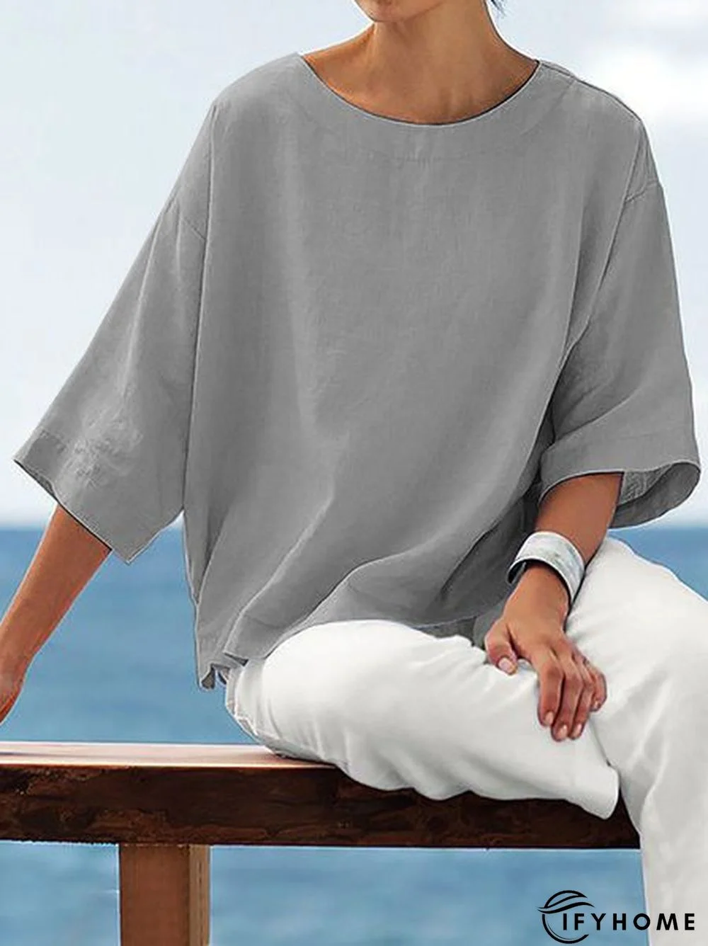 3/4 Sleeve Solid Casual Crew Neck T-Shirt | IFYHOME