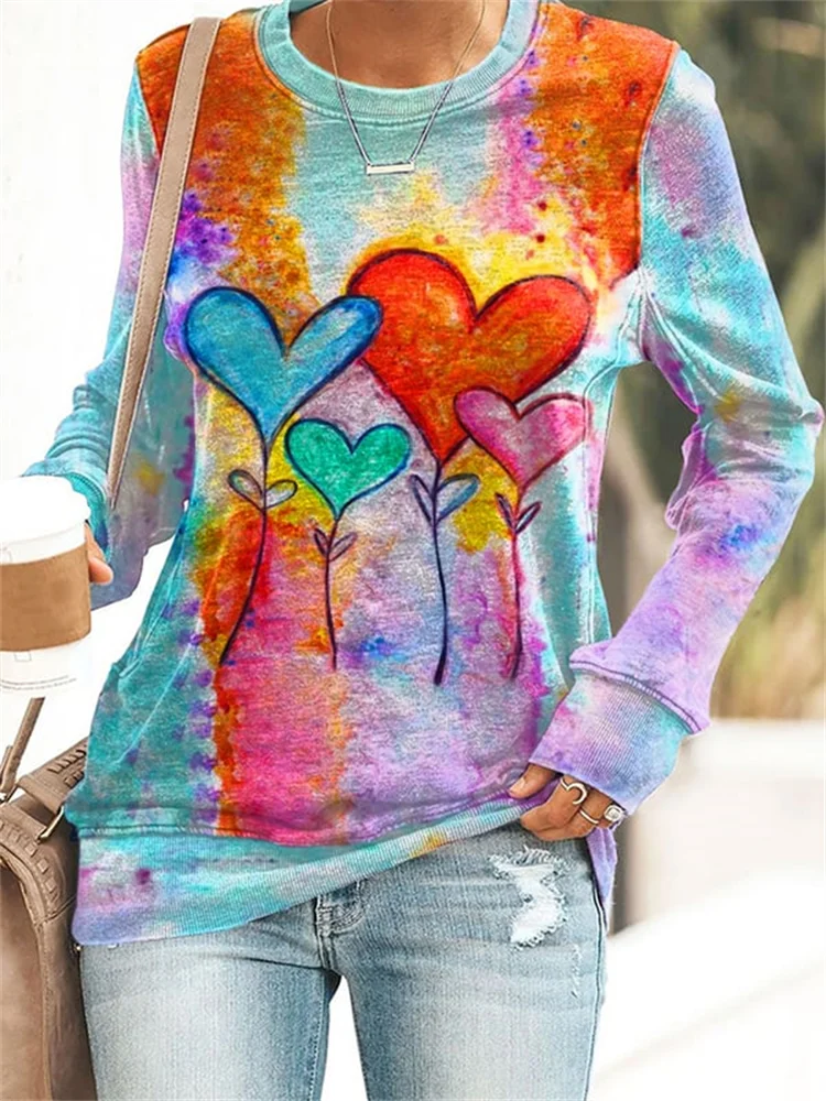 Colorful Love Print Long Sleeve Casual Sweatshirt