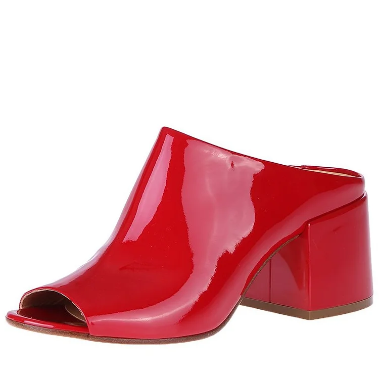 Red Peep Toe Patent Leather Block Heel Mules Shoes |FSJ Shoes